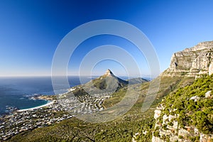 Stunning panorama view of the suburb of Camps Bay and Lion`s Head and Table mountain