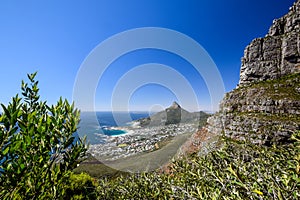 Stunning panorama view of the suburb of Camps Bay and Lion`s Head and Table mountain