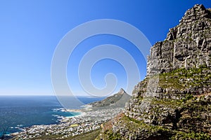 Stunning panorama view of the suburb of Camps Bay and Lion`s Head and Table mountain