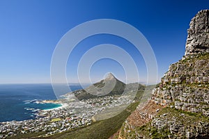 Stunning panorama view of the suburb of Camps Bay and Lion`s Head and Table mountain