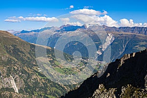 Stunning panorama view of the Swiss Alps mountain range of Valais Wallis from Fiescheralp and Bettmeralp near Great Aletsch