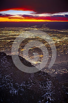 Stunning panoramic view of a city skyline illuminated by the setting sun in Albuquerque, New Mexico