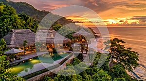 Stunning panoramic view of a luxury resort at sunset with ocean backdrop