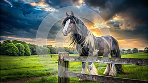 Stunning Panoramic View of a Majestic Gypsy Vanner Stallion Relaxing Beside a Rustic Fence photo