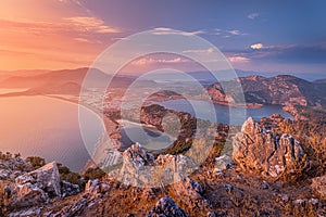 Stunning panoramic view from the top of the mountain to the blue bay and lagoon near the town of Dalyan in Turkey. Famous