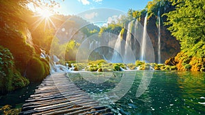 Stunning panoramic waterfall collage from Plitvice Lakes National Park in Croatia, featuring turquoise waters, sunbeams, and lush