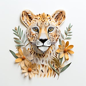 Stunning Paper Art Of Cheetah With Floral Leaves: Adventure-themed Composition