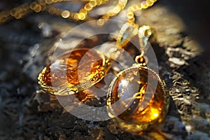 A stunning pendant crafted from amber, adorned with a delicate golden chain. Embodies the elegance and allure of amber