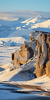 Snow Covered Cliffs And Mountains: A Stunning Landscape In The Style Of Abdel Hadi Al Gazzar photo