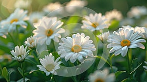 White Spring Marguerite Blossoms in Fresh Green Garden