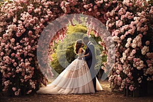 A stunning photo capturing a bride and groom standing together in front of a beautiful floral archway during their wedding