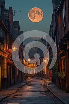 A stunning photo capturing the moment a full moon rises above a bustling city street in Shambles, York North