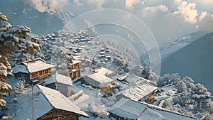 A stunning photo capturing a snow-covered mountain with a village nestled at its peak, showcasing the beauty of winter landscapes