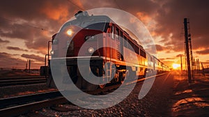 Photographically Detailed Red Train On Railroad Tracks At Sunset