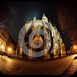 Gothic Cathedral at Twilight with Mystical Lighting photo