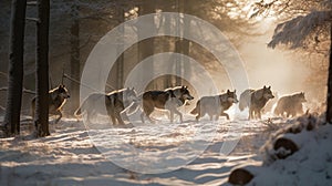Dawn Run: Wolves in Snowy Forest photo