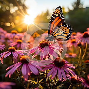 Vibrant Monarch Butterfly Amidst Dew-Covered Flowers photo