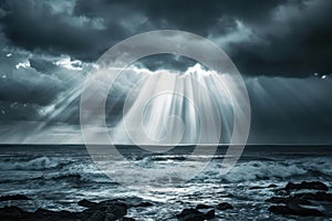 Dramatic Ocean Landscape Sun Rays Breaking Storm Clouds