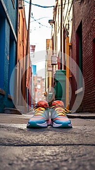 Fathers Trendy Sneakers in Vibrant Urban Alleyway photo