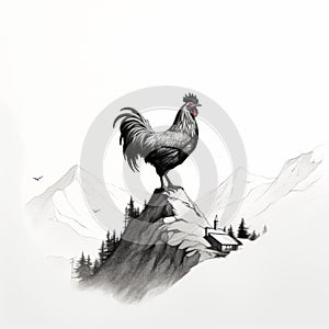 Rooster On A Mountain: A Moody Realism Drawing In 8k Resolution photo