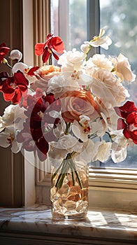 Opulent Floral Elegance: Vibrant Roses, Peonies, and Orchids in Crystal Vase photo