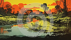 Colorful Australian Landscape: Setting Sun Over Marsh photo