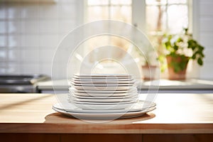 Elegant Porcelain Plate Pyramid in Minimalist Kitchen photo
