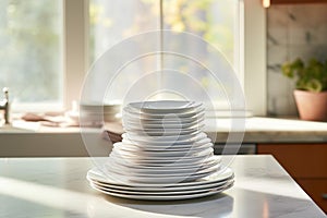 Elegant Porcelain Plate Pyramid in Minimalist Kitchen photo