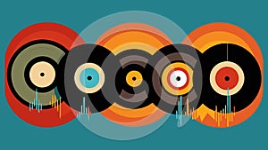 A stunning piece of wall art featuring a collage of several vinyl records each one displaying the sound waves of a