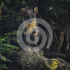 Stunning pine martin martes martes on branch in tree photo