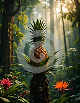 Stunning pineapple fruit in a lush tropical forest setting with sunlight and greenery