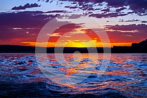 Stunning Pink and Blue Sunset on the Water at Wahweap Bay Lake Powell