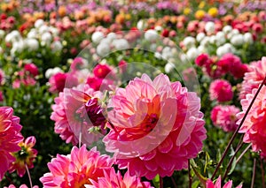 Stunning pink Kens Rarity dahlias, photographed in a garden near St Albans, Hertfordshire, UK in late summer on a cloudy day.