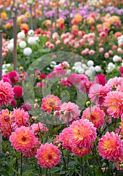 Stunning pink Kens Rarity dahlias, photographed in a garden near St Albans, Hertfordshire, UK in late summer on a cloudy day.