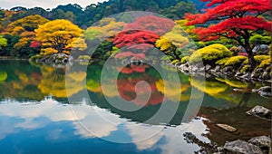 stunning pond in Japan scenery season relax coloured