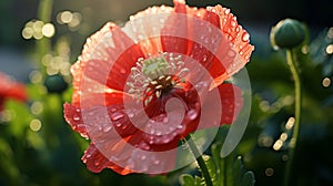 Stunning Poppy Flower With Water Droplets In Soft Morning Light