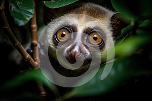 Stunning Portrait of slow Loris monkey with the big round eyes. Amazing Wildlife. Generative Ai