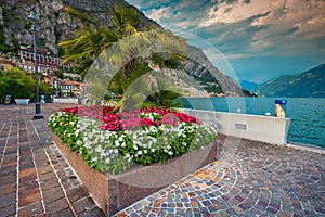 Stunning promenade with colorful flowers, Limone sul Garda, Lombardy, Italy photo
