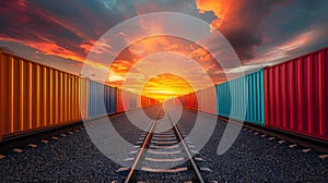 Stunning Railway Containers at Sunset - Generative AI photo