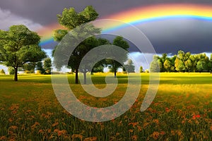 Stunning rainbow in stormy skies over the meadow