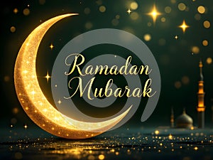 Ramadan Mubarak with crescent moon,lantern and mosque 2025,template of Ramadan2025,Ramadan Kareem greetings 2025