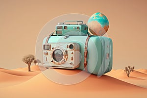 Stunning realistic travel around the world concept on pastel color background. Created with Generative Ai