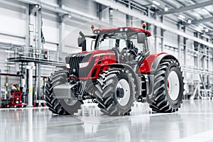 Stunning red tractor in modern warehouse setting with impeccable lighting and vibrant colors photo