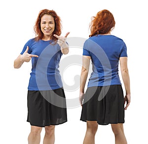 Stunning redhead posing with blank blue shirt