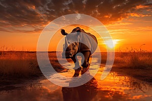 Stunning Rhino in the savanna at sunset. Amazing African Wildlife. Generative Ai