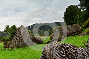 Stunning rock formations at Mangaotaki Valley, filming location of `The Hobbit, an Unexpected Journey`