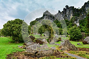 Stunning rock formations at Mangaotaki Valley, the filming location of `The Hobbit, an Unexpected Journey`