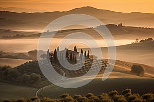 Stunning rolling hills of Tuscany during sunset or sunrise