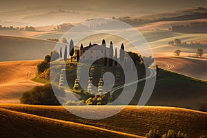 Stunning rolling hills of Tuscany during sunset or sunrise