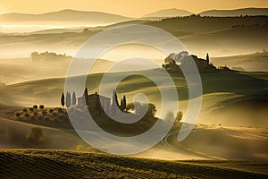 Stunning rolling hills of Tuscany during sunset or sunrise